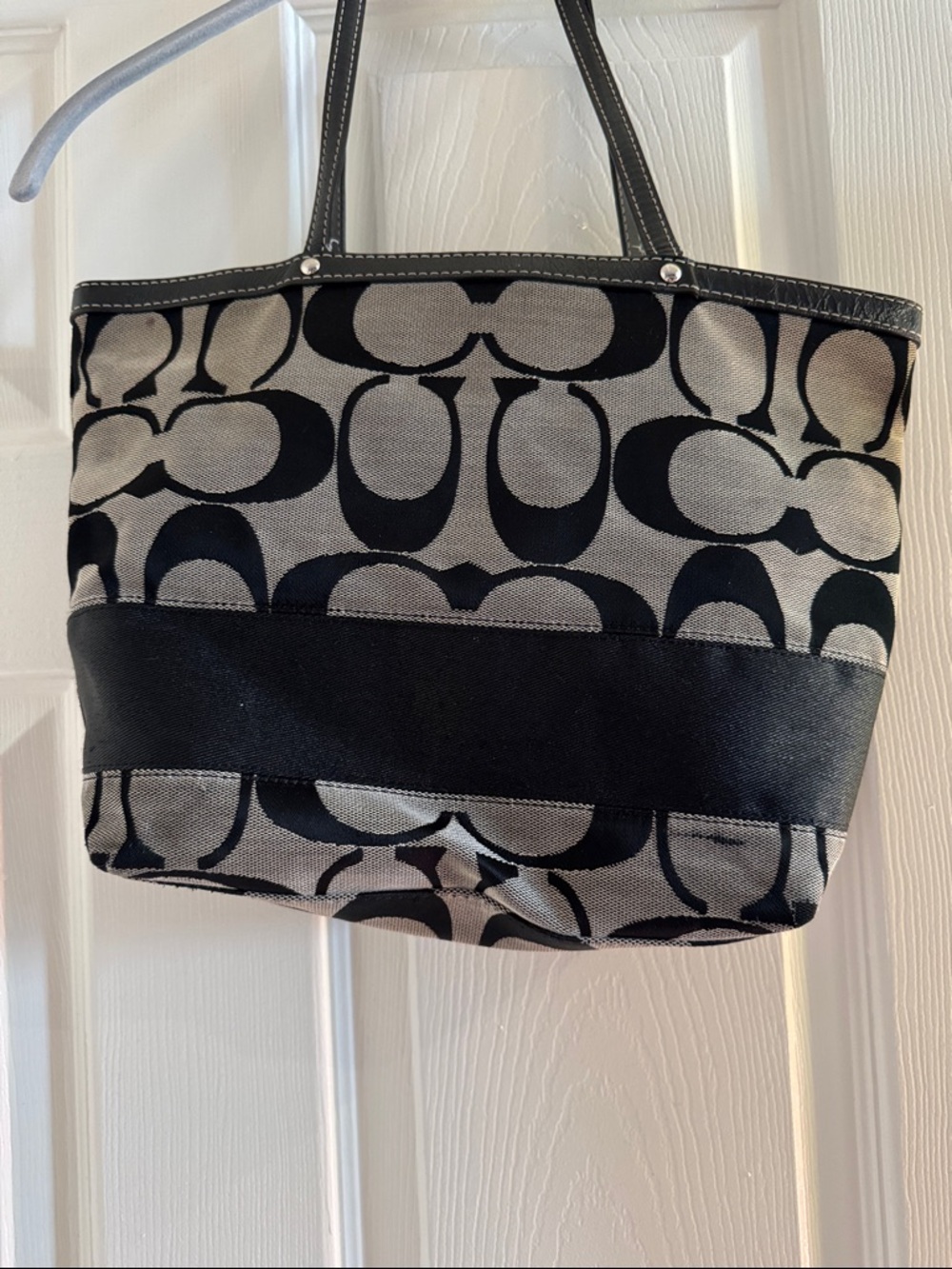 Y2K Coach Black and Gray Jacquard Signature Canvas Small Tote Handbag w/ Stripe - Picture 3 of 5